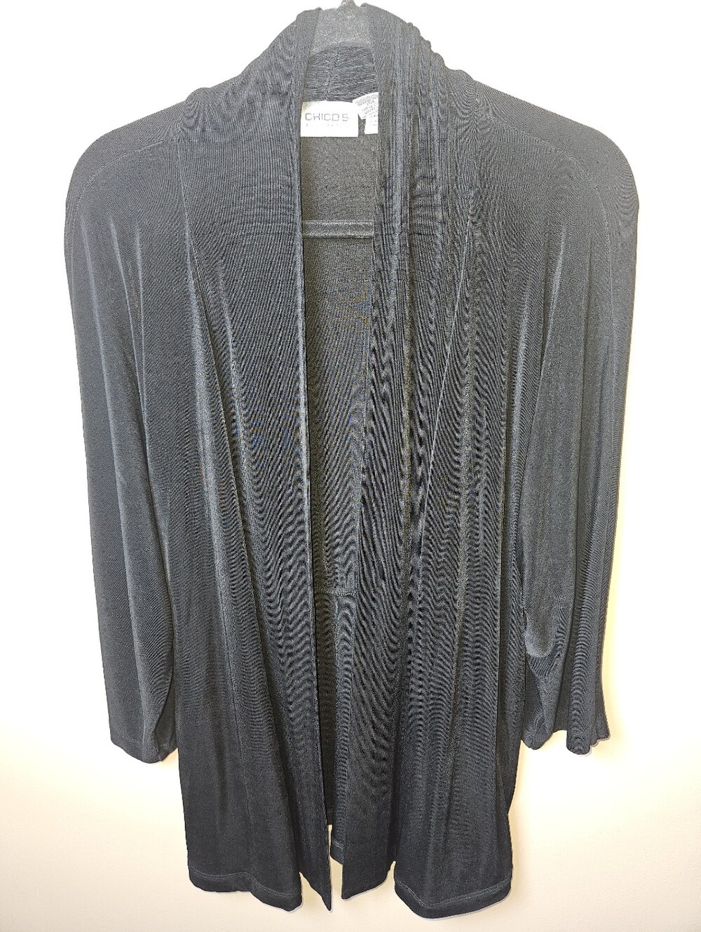 Chico's Travelers Black Stretch Long Office Layering Cardigan Xlarge Non-Wrinkle
